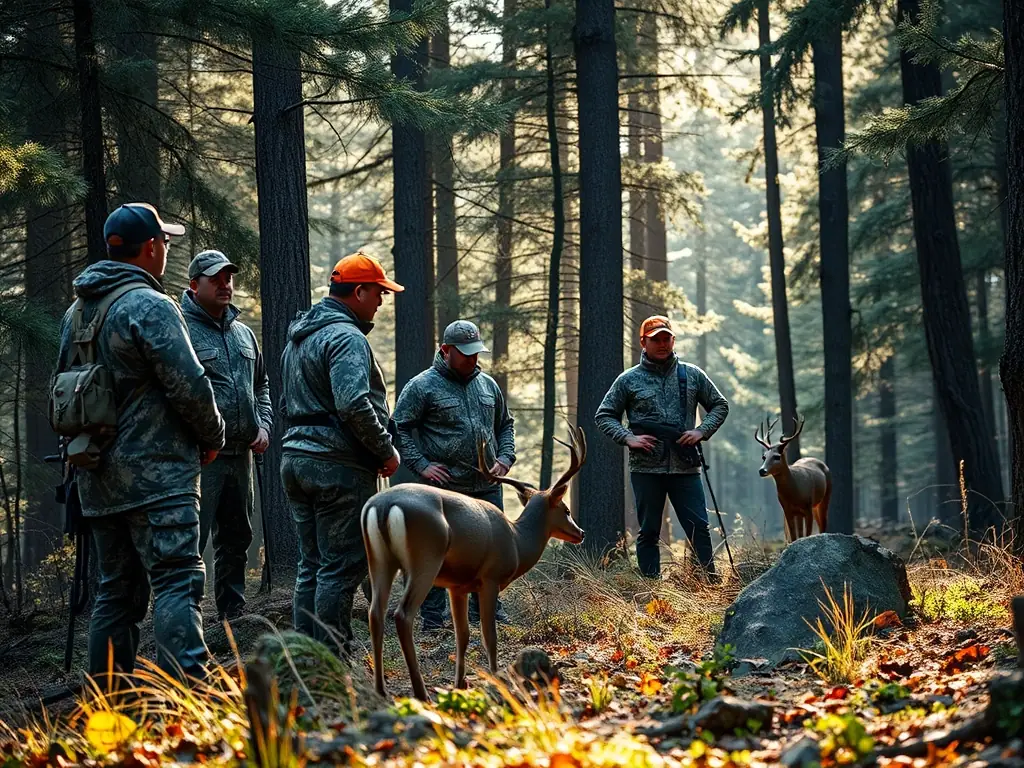 A scenic view of a lush forest with hunters participating in a supervised wildlife monitoring activity, emphasizing responsible hunting and conservation efforts.