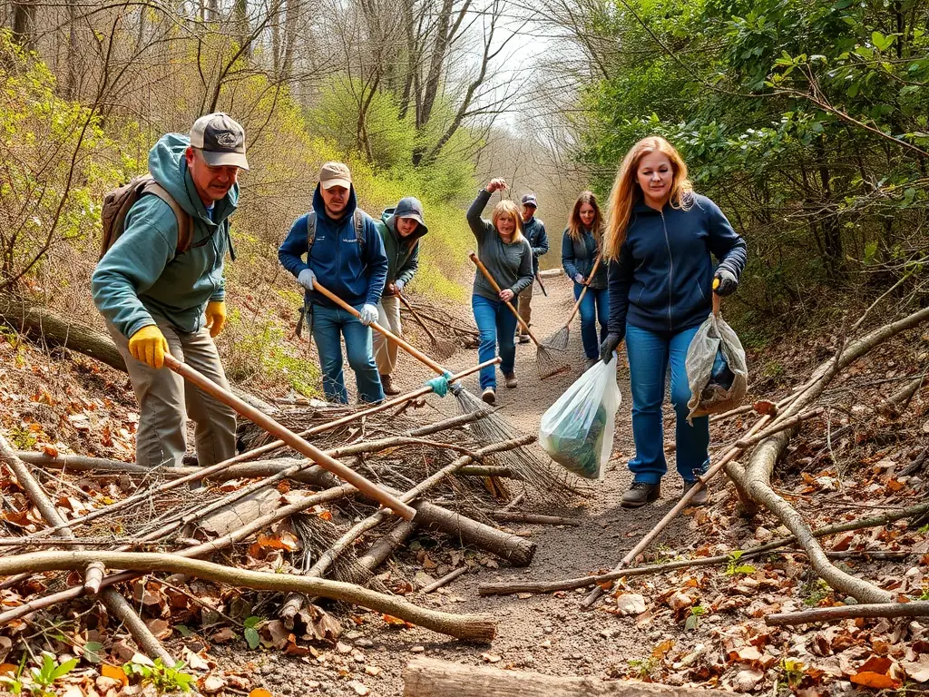 Volunteers cleaning up a local trail, showcasing the association's dedication to community engagement and land stewardship through collaborative environmental projects.