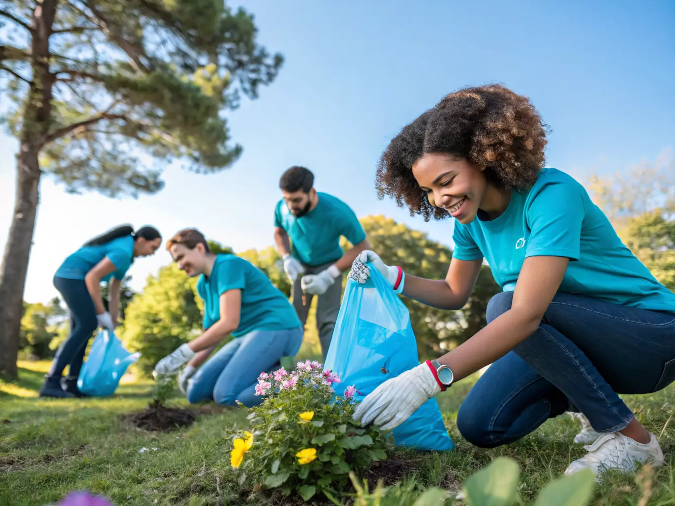 Volunteers participating in a community clean-up event in a rural area, highlighting the organization's dedication to land stewardship and community engagement.
